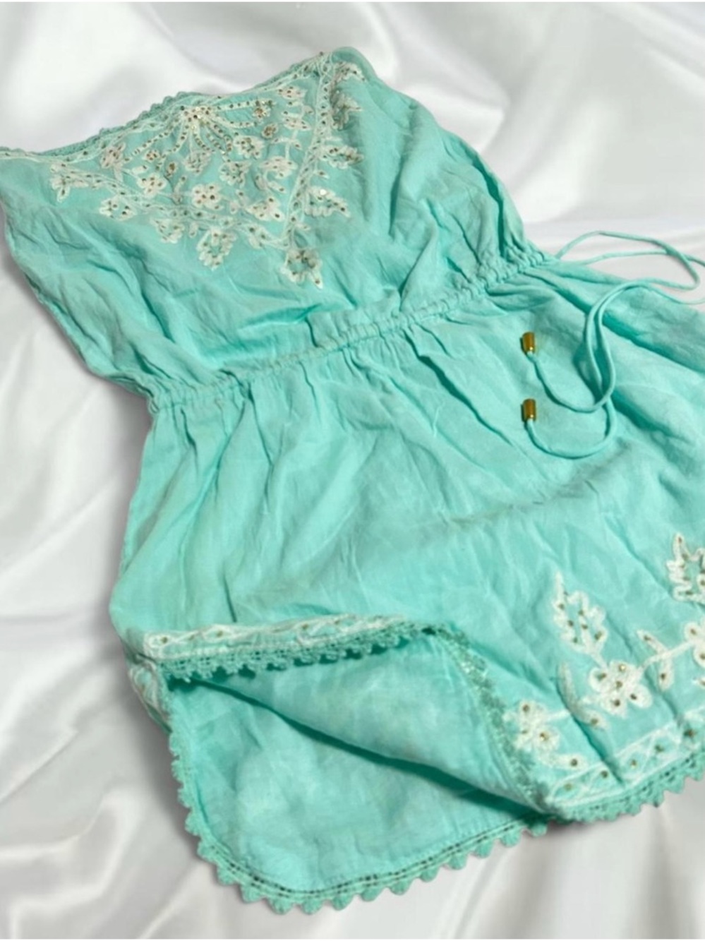 Mint green embroidered bedazzled Strapless Mini Dress/Swim CoverUp cinched waist